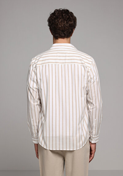 Image de Chemise À Manches Longues Beige Regular Fit Rayé Sergé Homme