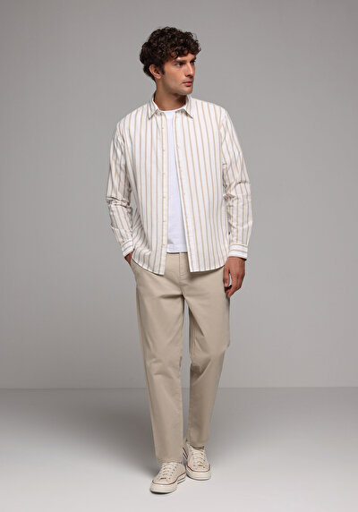 Image de Chemise À Manches Longues Beige Regular Fit Rayé Sergé Homme