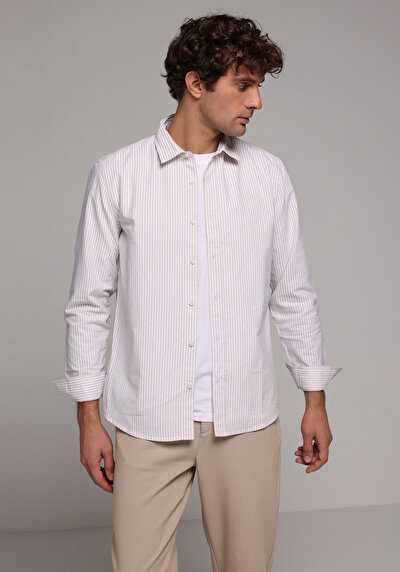 Image de Chemise À Manches Longues Beige Regular Fit Rayé Sergé Homme
