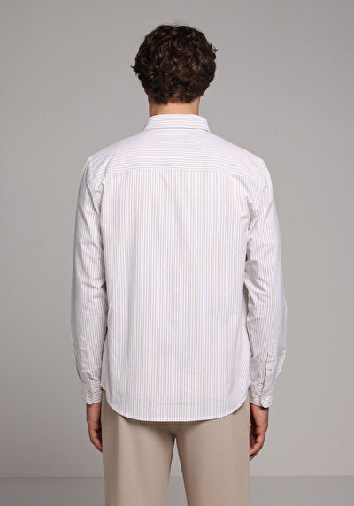Image de Chemise À Manches Longues Beige Regular Fit Rayé Sergé Homme