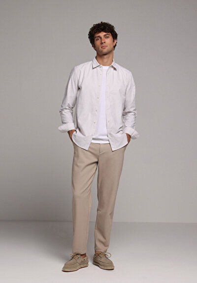 Image de Chemise À Manches Longues Beige Regular Fit Rayé Sergé Homme