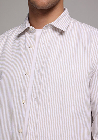 Image de Chemise À Manches Longues Beige Regular Fit Rayé Sergé Homme