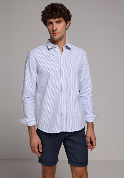 Afficher les détails de Chemise À Manches Longues Bleu Regular Fit Rayé Sergé Homme