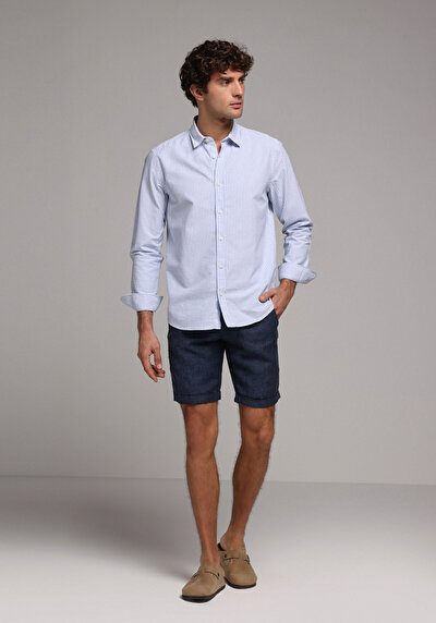Image de Chemise À Manches Longues Bleu Regular Fit Rayé Sergé Homme