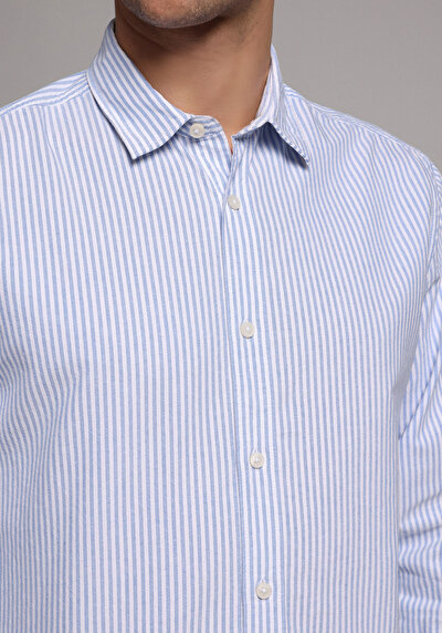 Afficher les détails de Chemise À Manches Longues Bleu Regular Fit Rayé Sergé Homme