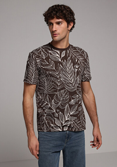 Image de T-shirt À Manches Courtes Marron Regular Fit Imprimé Homme