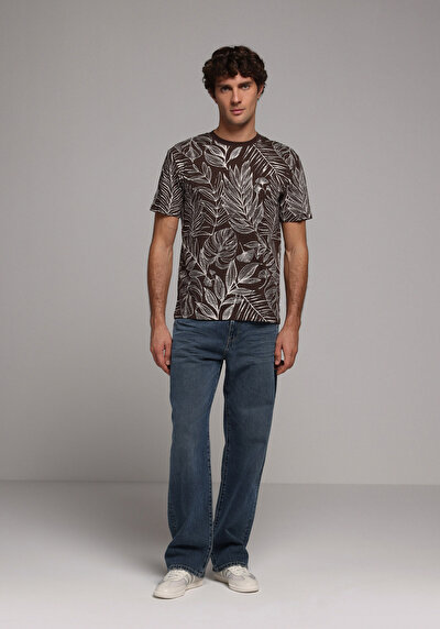 Image de T-shirt À Manches Courtes Marron Regular Fit Imprimé Homme