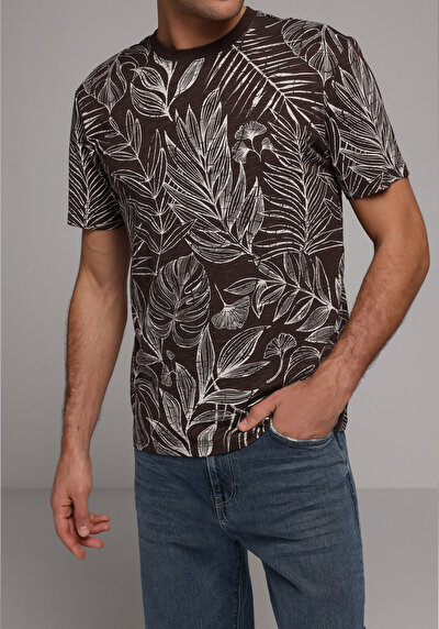 Image de T-shirt À Manches Courtes Marron Regular Fit Imprimé Homme