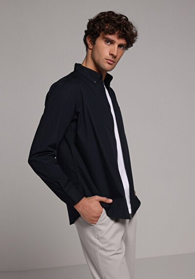 Afficher les détails de Chemise À Manches Longues Marine Regular Fit Droit Popeline Homme