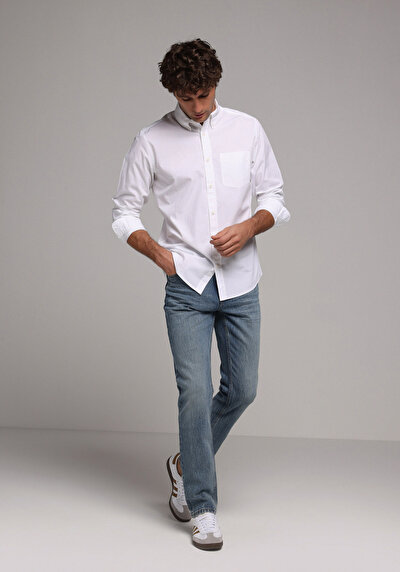 Image de Chemise À Manches Longues Blanc Regular Fit Droit Popeline Homme