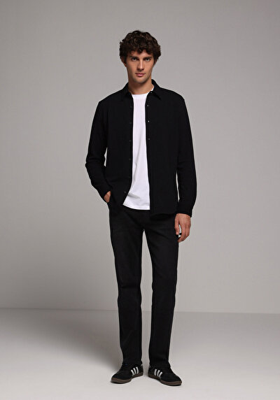 Image de Chemise À Manches Longues Noir Regular Fit Droit Pique Homme