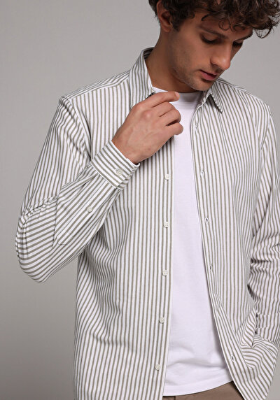 Image de Chemise À Manches Longues Vert Regular Fit Rayé Pique Homme