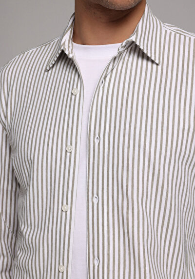 Image de Chemise À Manches Longues Vert Regular Fit Rayé Pique Homme