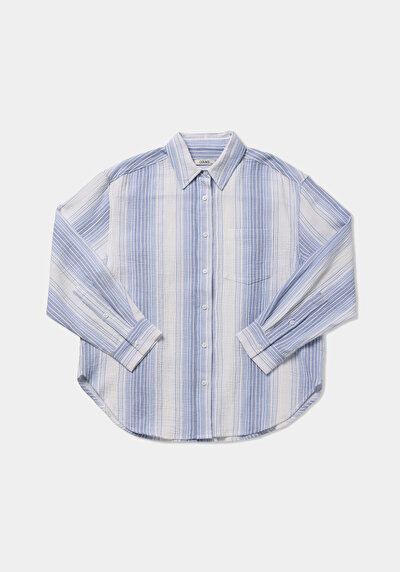 Afficher les détails de Chemise À Manches Longues Bleu Oversize Rayé Mousseline Femme