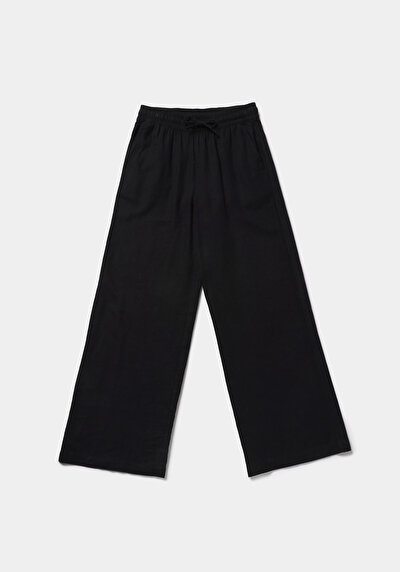 Afficher les détails de Pantalon Noir Wide Leg High Rise En Uni Regular Fit Femme