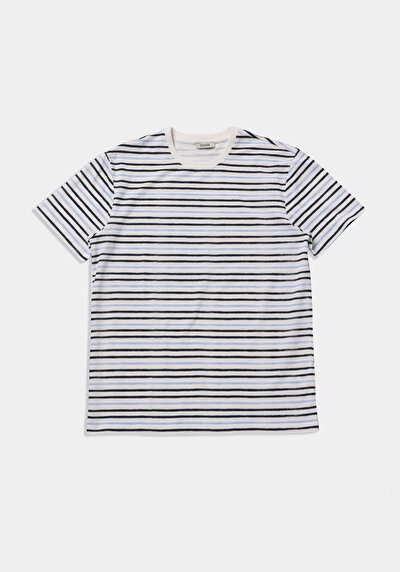 Image de T-shirt À Manches Courtes Bleu Regular Fit Rayé Homme