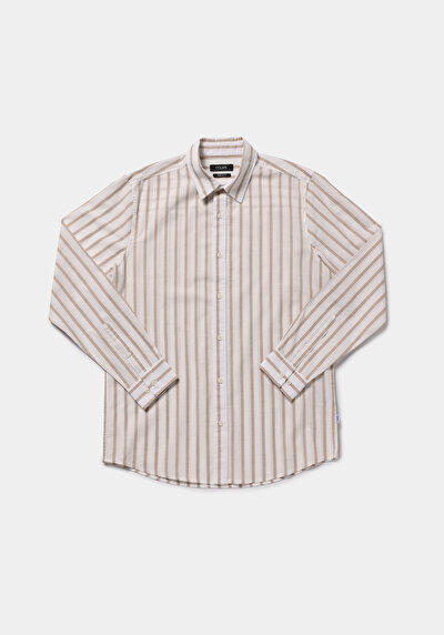 Afficher les détails de Chemise À Manches Longues Beige Regular Fit Rayé Sergé Homme
