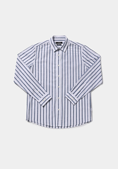 Afficher les détails de Chemise À Manches Longues Bleu Regular Fit Rayé Sergé Homme