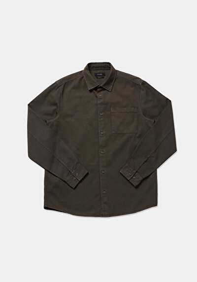 Image de Chemise À Manches Longues Kaki Relaxed Fit Droit Sergé Homme