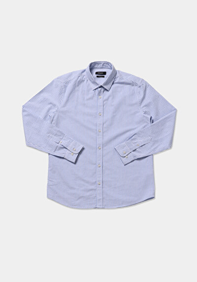 Afficher les détails de Chemise À Manches Longues Bleu Regular Fit Rayé Sergé Homme