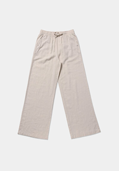 Afficher les détails de Pantalon Beige Wide Leg High Rise En Uni Regular Fit Femme