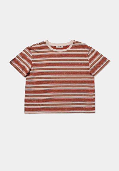 Afficher les détails de T-shirt À Manches Courtes Marron Regular Fit Rayé Femme