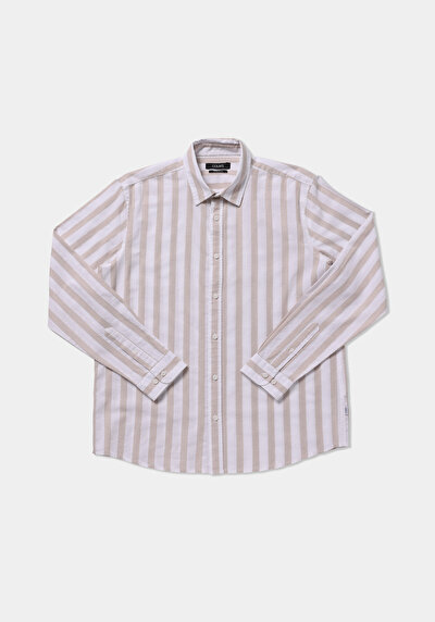Image de Chemise À Manches Longues Beige Regular Fit Rayé Ratière Homme