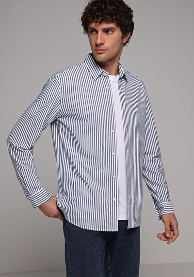 Image de Chemise À Manches Longues Bleu Regular Fit Rayé Pique Homme