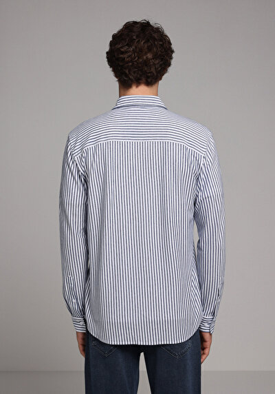 Image de Chemise À Manches Longues Bleu Regular Fit Rayé Pique Homme