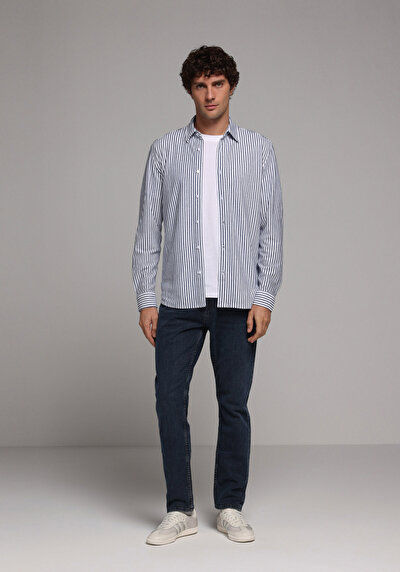 Image de Chemise À Manches Longues Bleu Regular Fit Rayé Pique Homme