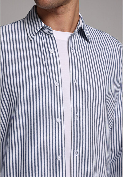Image de Chemise À Manches Longues Bleu Regular Fit Rayé Pique Homme
