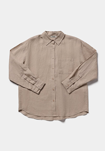 Image de Chemise À Manches Longues Beige Boyfriend Fit Droit Uni Femme