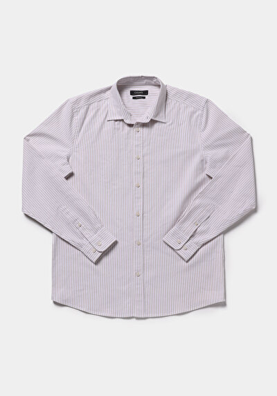 Image de Chemise À Manches Longues Beige Regular Fit Rayé Sergé Homme
