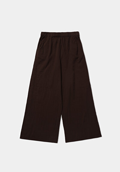 Afficher les détails de Pantalon Marron Wide Leg High Rise En Mousseline Regular Fit Femme