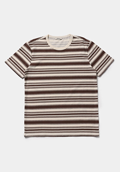 Afficher les détails de T-shirt À Manches Courtes Marron Regular Fit Rayé Homme