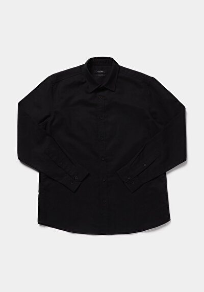 Image de Chemise À Manches Longues Noir Regular Fit Droit Lin Homme