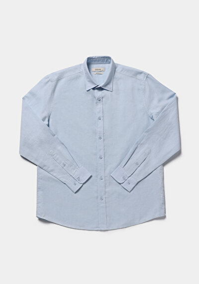 Afficher les détails de Chemise À Manches Longues Bleu Regular Fit Droit Lin Homme