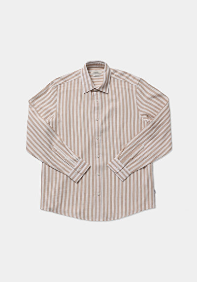 Image de Chemise À Manches Longues Beige Relaxed Fit Rayé Mousseline Homme