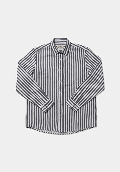 Afficher les détails de Chemise À Manches Longues Marine Relaxed Fit Rayé Mousseline Homme