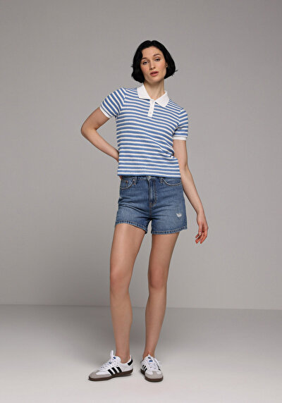 Image de Bleu Slim Fit Rayé Jacquard Femme