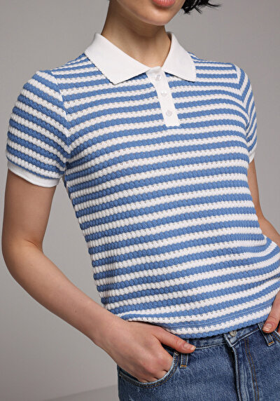 Image de Bleu Slim Fit Rayé Jacquard Femme