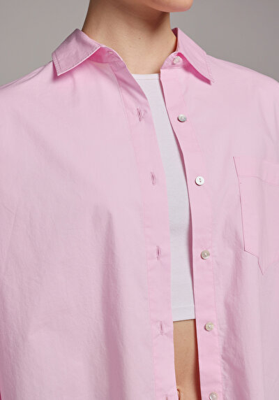 Image de Chemise À Manches Longues Rose Boyfriend Fit Droit Popeline Femme