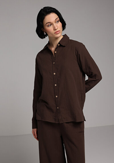 Afficher les détails de Chemise À Manches Longues Marron Regular Fit Droit Mousseline Femme