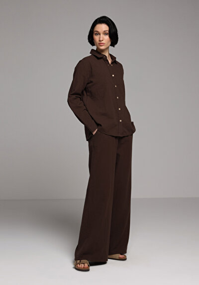 Afficher les détails de Chemise À Manches Longues Marron Regular Fit Droit Mousseline Femme
