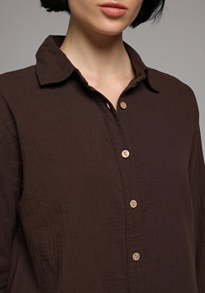 Afficher les détails de Chemise À Manches Longues Marron Regular Fit Droit Mousseline Femme