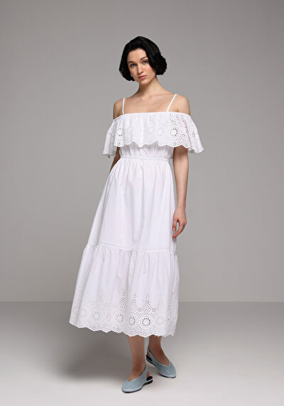 Image de Robe Blanc Regular Fit Sans Manches Mdi Popeline Femme