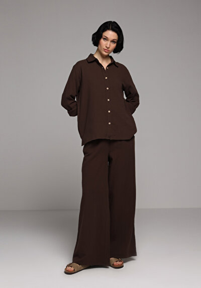Image de Pantalon Marron Wide Leg High Rise En Mousseline Regular Fit Femme
