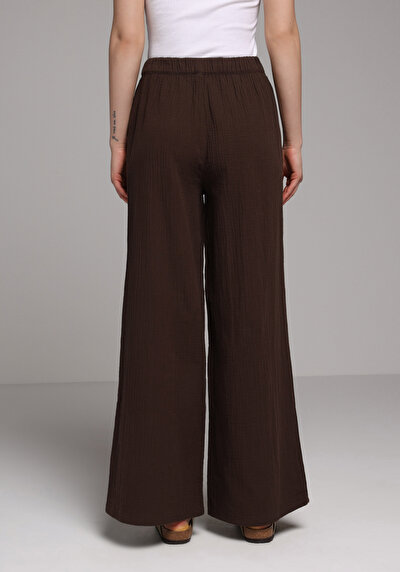 Afficher les détails de Pantalon Marron Wide Leg High Rise En Mousseline Regular Fit Femme