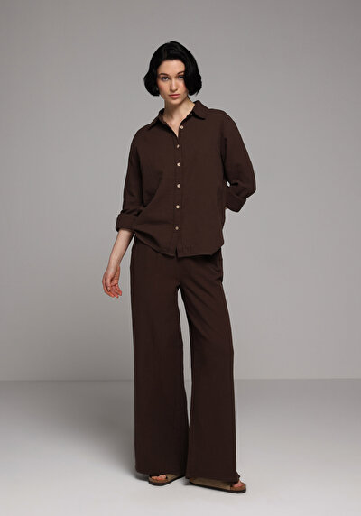 Afficher les détails de Pantalon Marron Wide Leg High Rise En Mousseline Regular Fit Femme