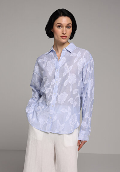 Image de Chemise À Manches Longues Bleu Boyfriend Fit Jakarli Jacquard Femme